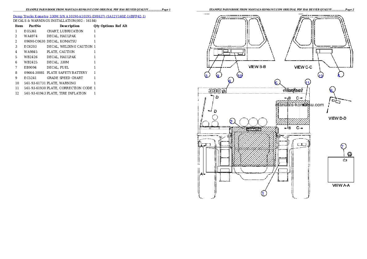 330M S/N A10190-A10195 (DH637) (SA12V140Z-1) Partsbook