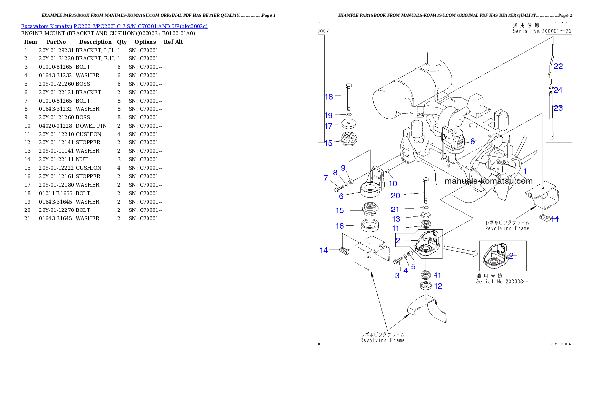 PC200-7/PC200LC-7 S/N C70001 AND-UP Partsbook