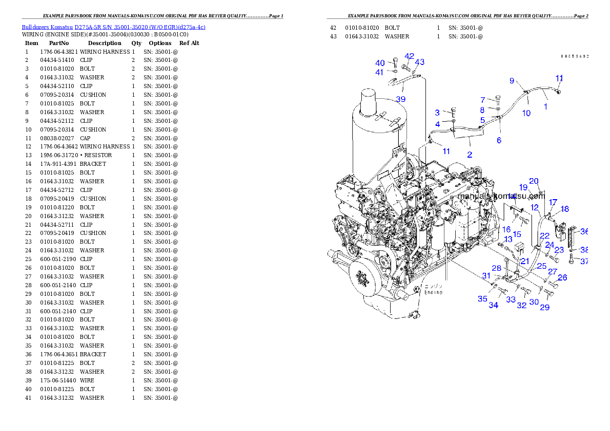 D275A-5R S/N 35001-35020 (W/O EGR) Partsbook