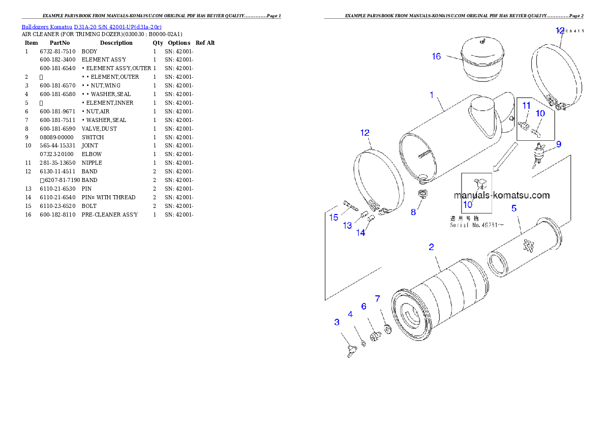 D31A-20 S/N 42001-UP Partsbook