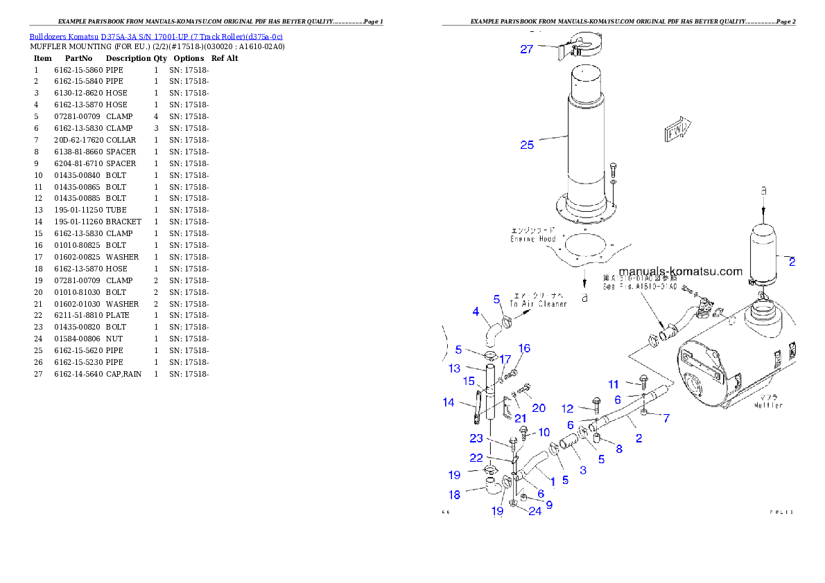 D375A-3A S/N 17001-UP (7 Track Roller) Partsbook