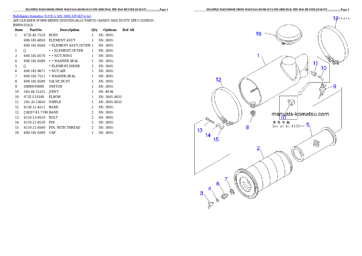 D37E-5 S/N 3001-UP Partsbook