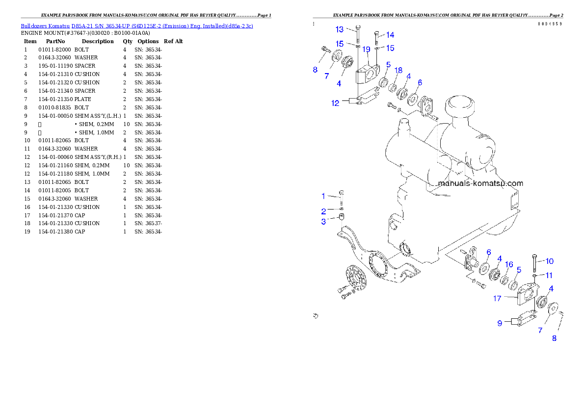 D85A-21 S/N 36534-UP (S6D125E-2 (Emission) Eng. Installed) Partsbook