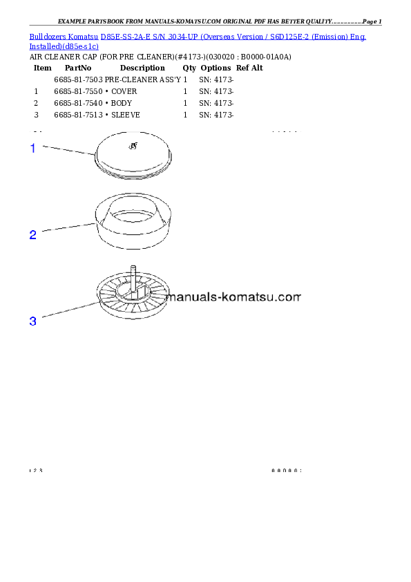 D85E-SS-2A-E S/N 3034-UP (Overseas Version / S6D125E-2 (Emission) Eng. Installed) Partsbook