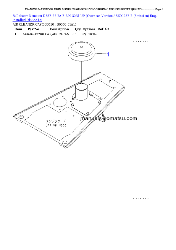 D85E-SS-2A-E S/N 3034-UP (Overseas Version / S6D125E-2 (Emission) Eng. Installed) Partsbook