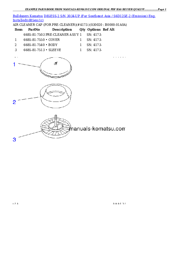 D85ESS-2 S/N 3034-UP (For Southeast Asia / S6D125E-2 (Emission) Eng. Installed) Partsbook