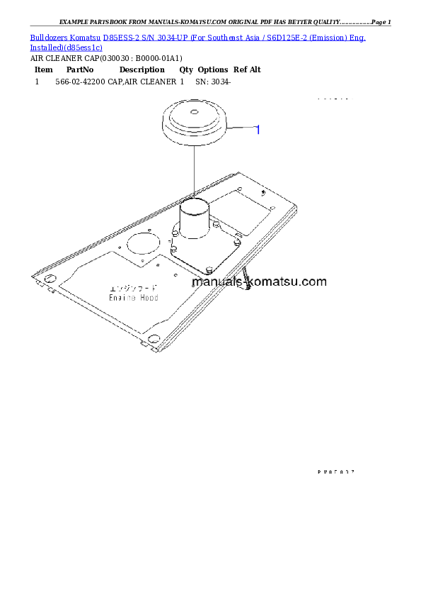 D85ESS-2 S/N 3034-UP (For Southeast Asia / S6D125E-2 (Emission) Eng. Installed) Partsbook