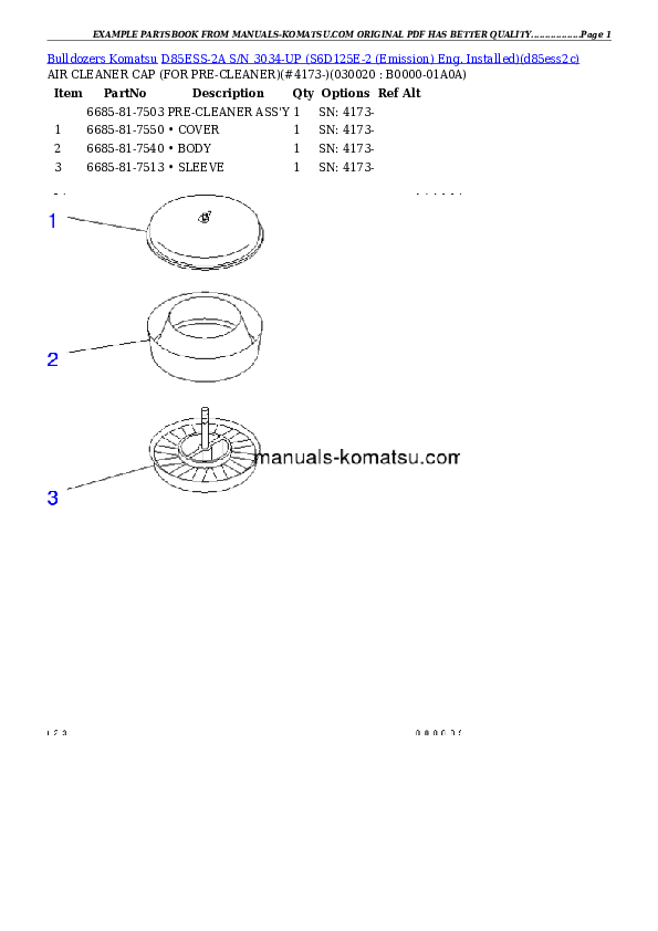 D85ESS-2A S/N 3034-UP (S6D125E-2 (Emission) Eng. Installed) Partsbook