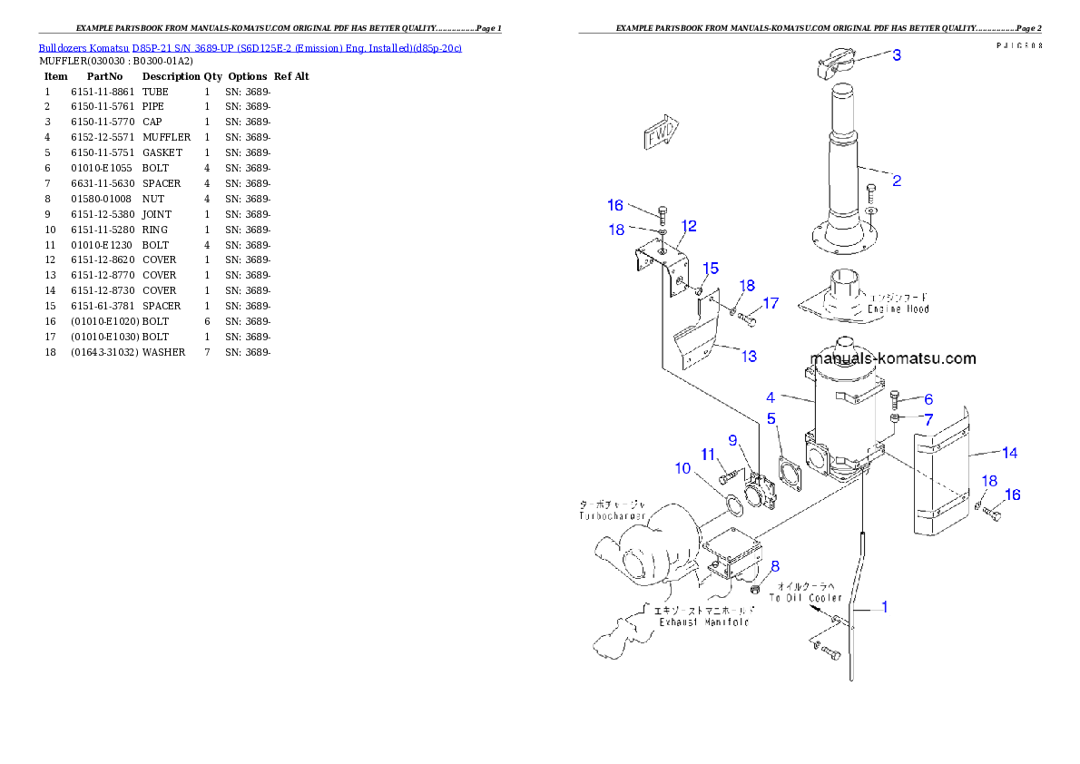 D85P-21 S/N 3689-UP (S6D125E-2 (Emission) Eng. Installed) Partsbook