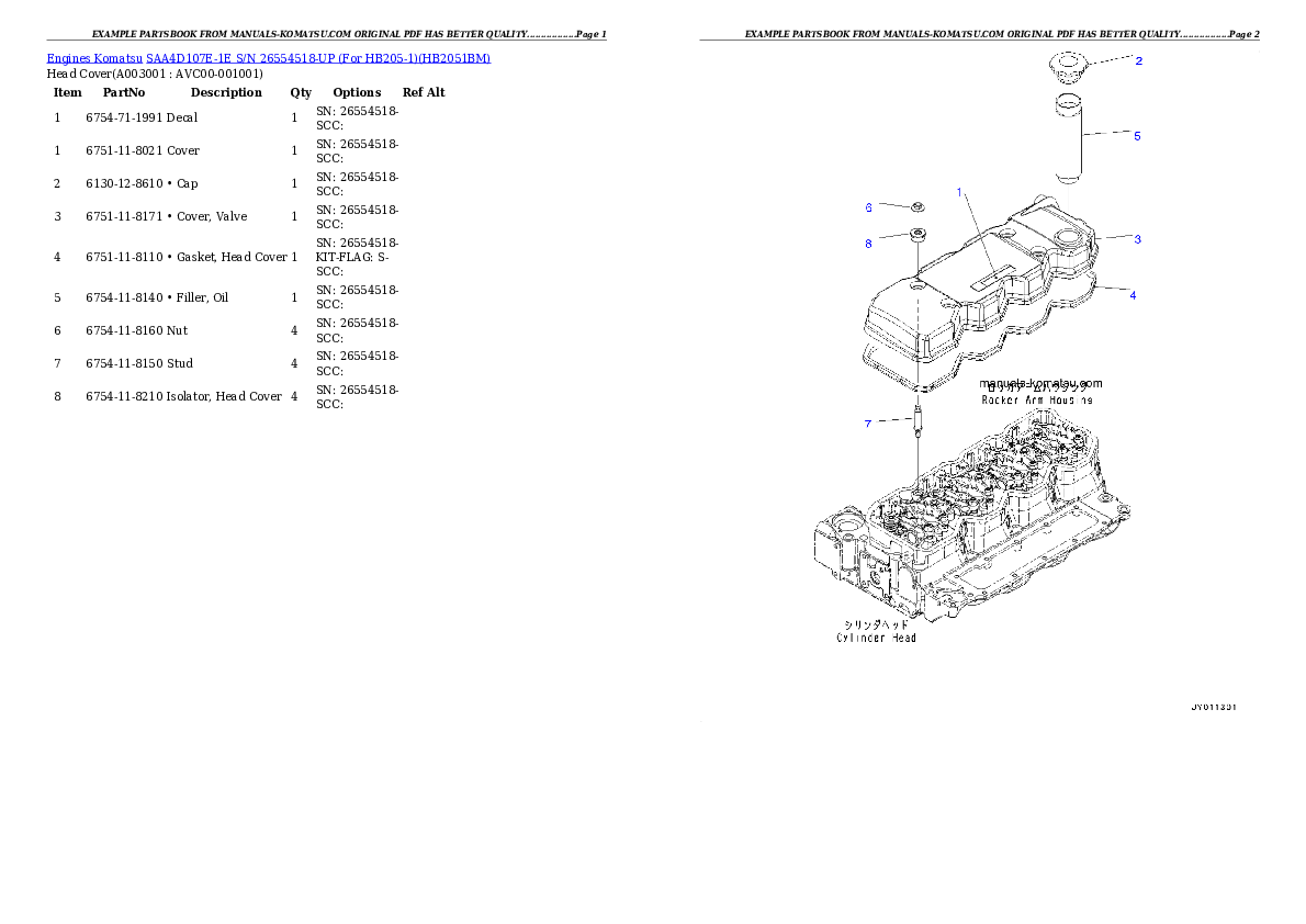 SAA4D107E-1E S/N 26554518-UP (For HB205-1) Partsbook