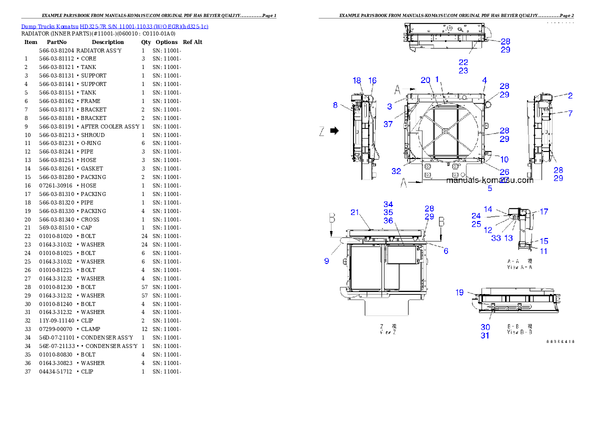 HD325-7R S/N 11001-11033 (W/O EGR) Partsbook