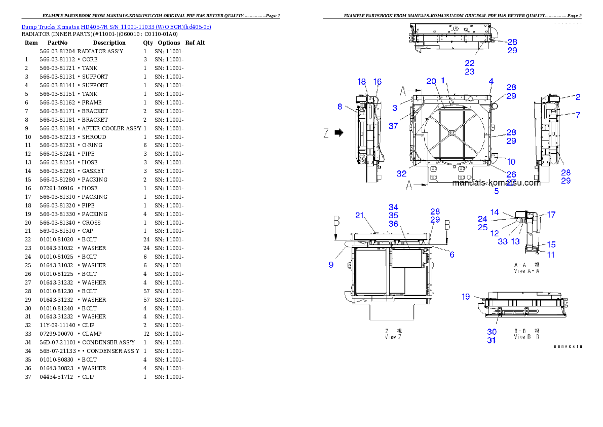 HD405-7R S/N 11001-11033 (W/O EGR) Partsbook