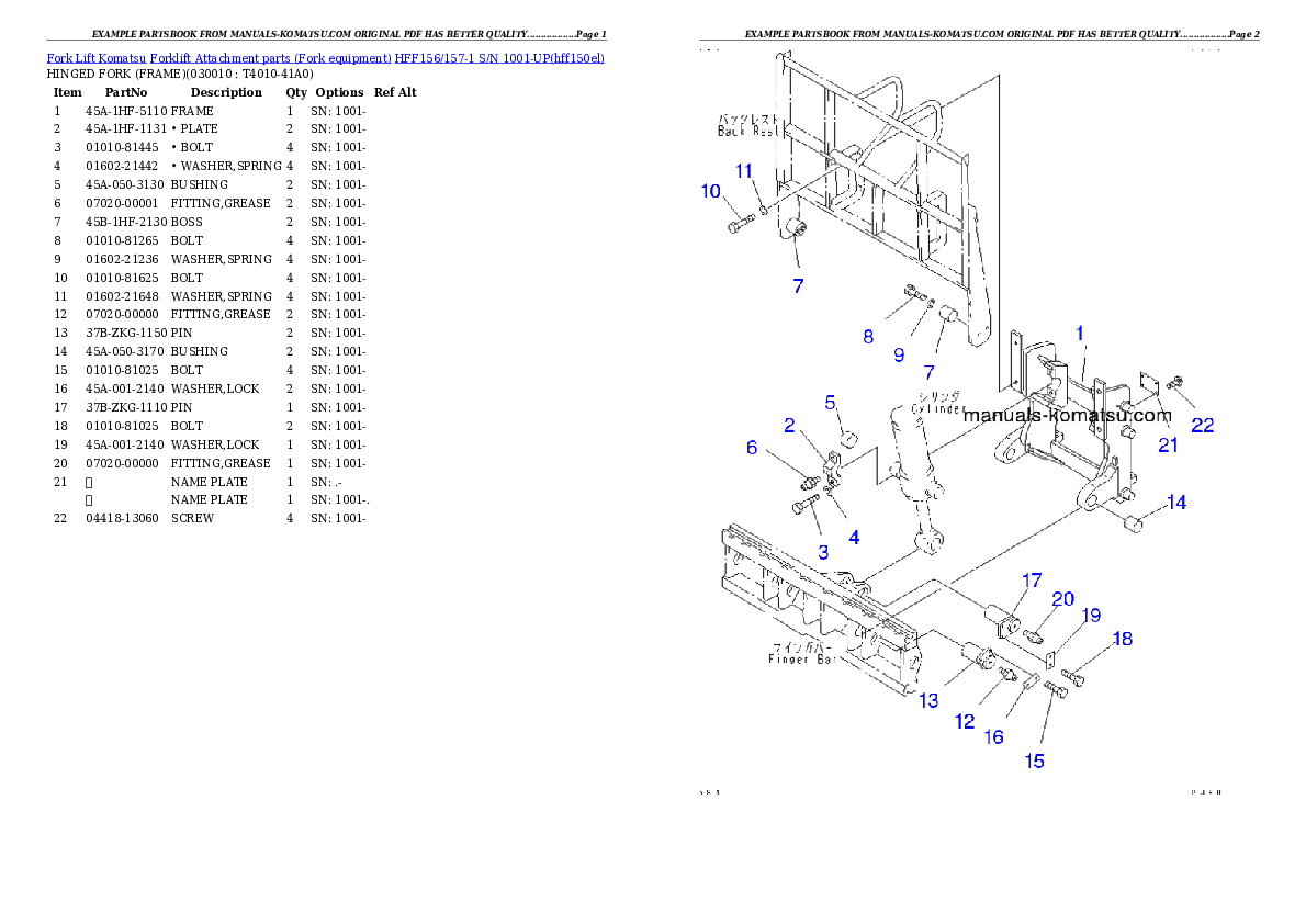 HFF156/157-1 S/N 1001-UP Partsbook