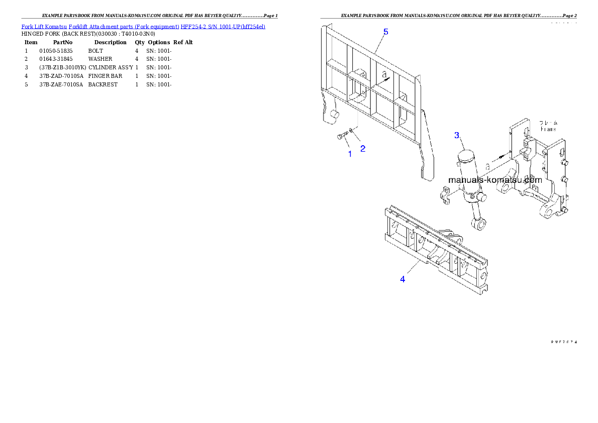 HFF254-2 S/N 1001-UP Partsbook