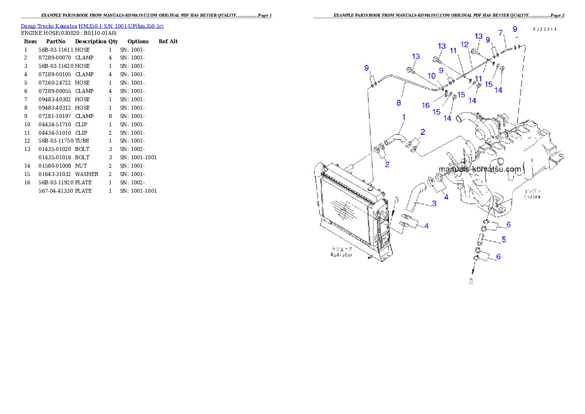 HM350-1 S/N 1001-UP Partsbook