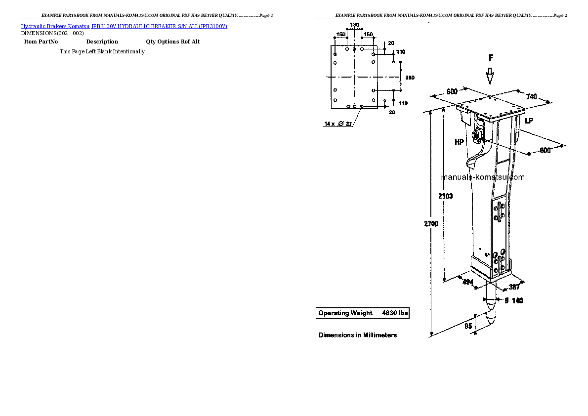 JPB3100V HYDRAULIC BREAKER S/N ALL Partsbook