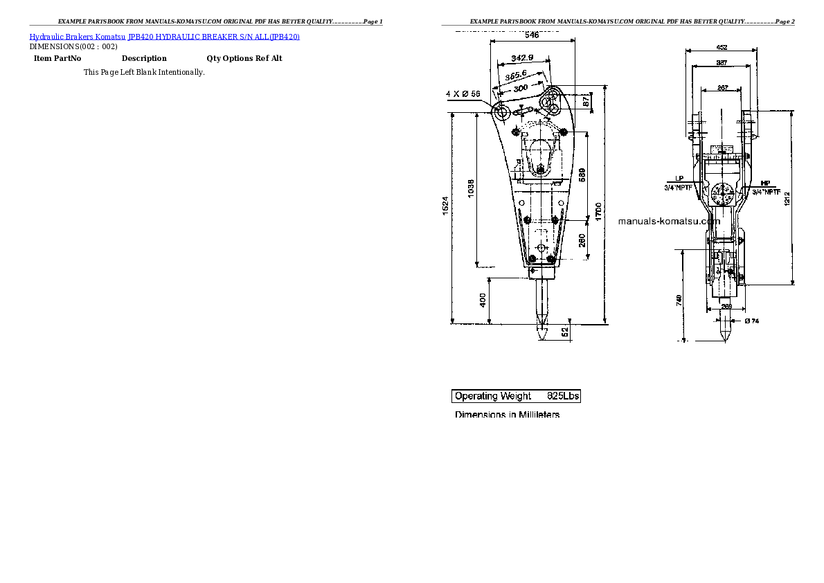 JPB420 HYDRAULIC BREAKER S/N ALL Partsbook