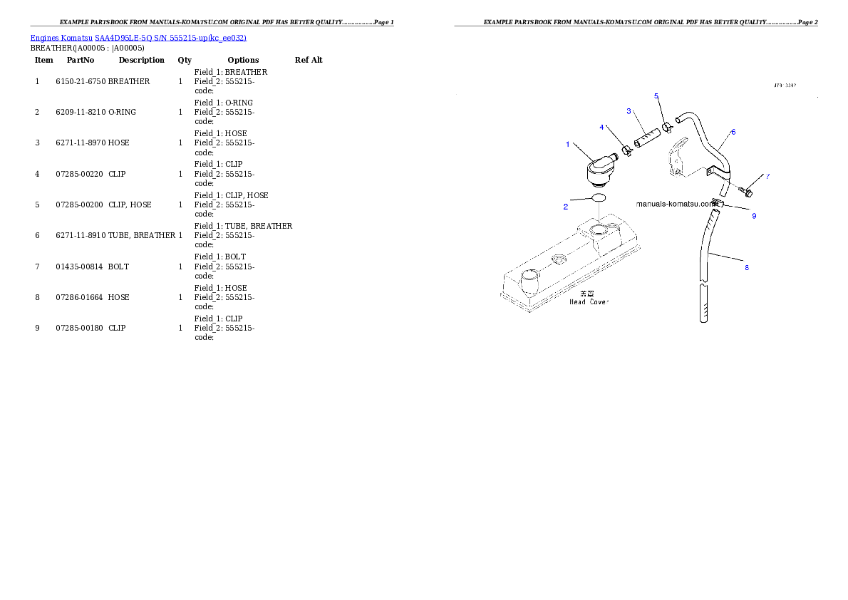 SAA4D95LE-5Q S/N 555215-up Partsbook