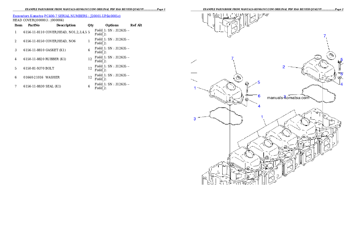 PC400-7 SERIAL NUMBERS : J20001-UP Partsbook