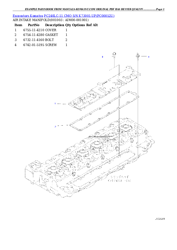 PC240LC-11 CMO S/N K73001-UP Partsbook