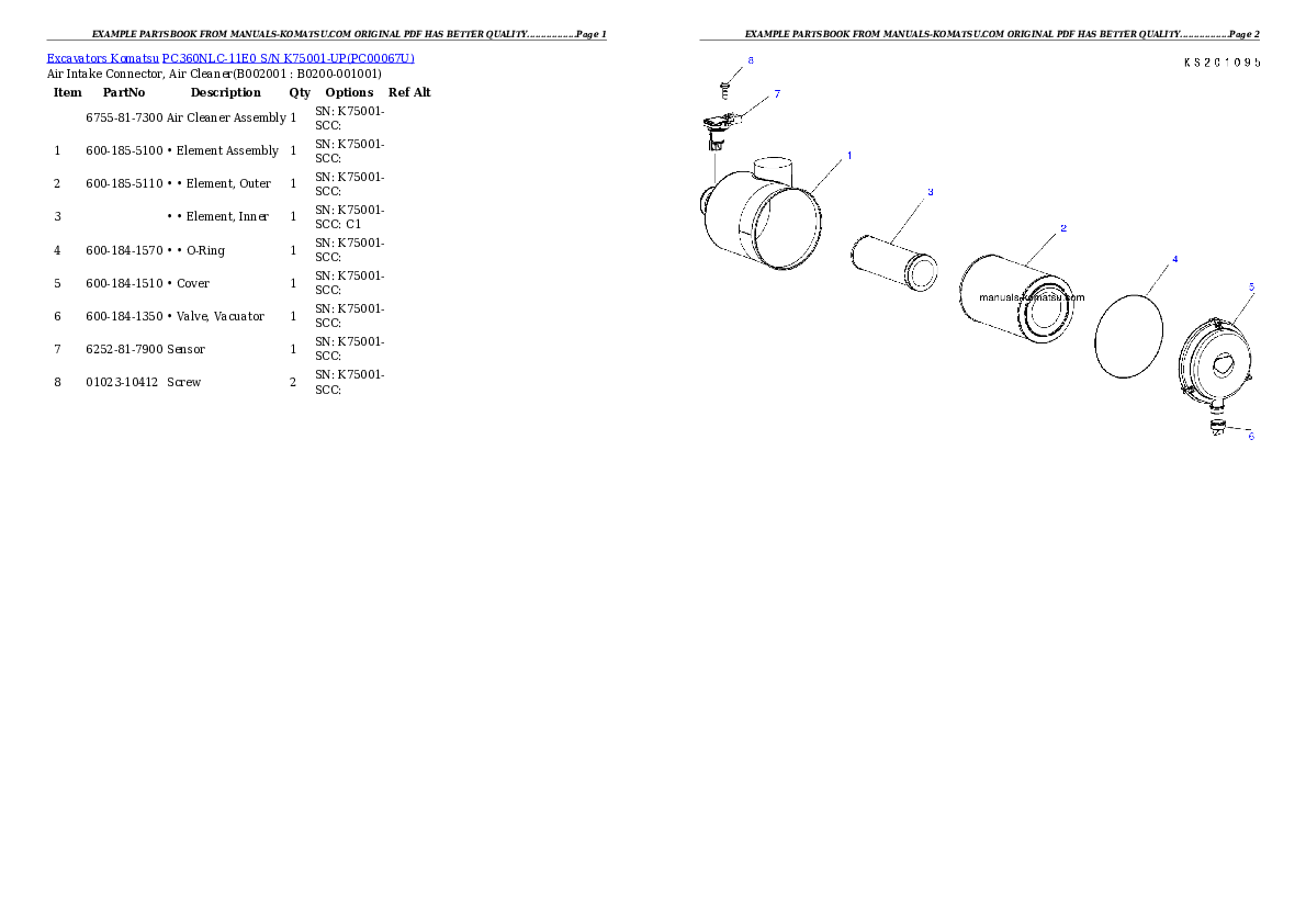 PC360NLC-11E0 S/N K75001-UP Partsbook