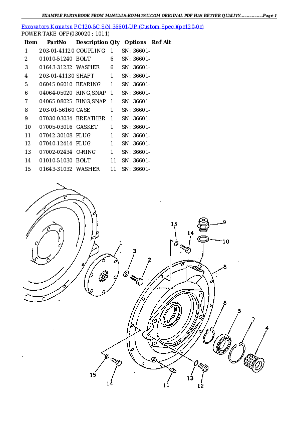 PC120-5C S/N 36601-UP (Custom Spec.) Partsbook