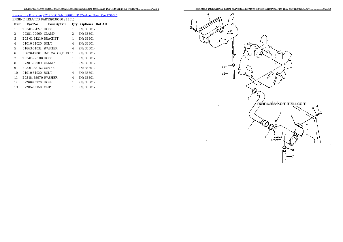 PC120-5C S/N 36601-UP (Custom Spec.) Partsbook