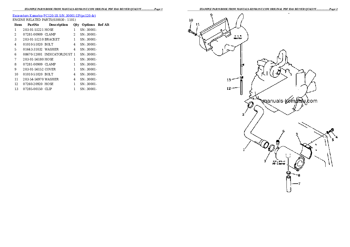 PC120-5X S/N 30001-UP Partsbook