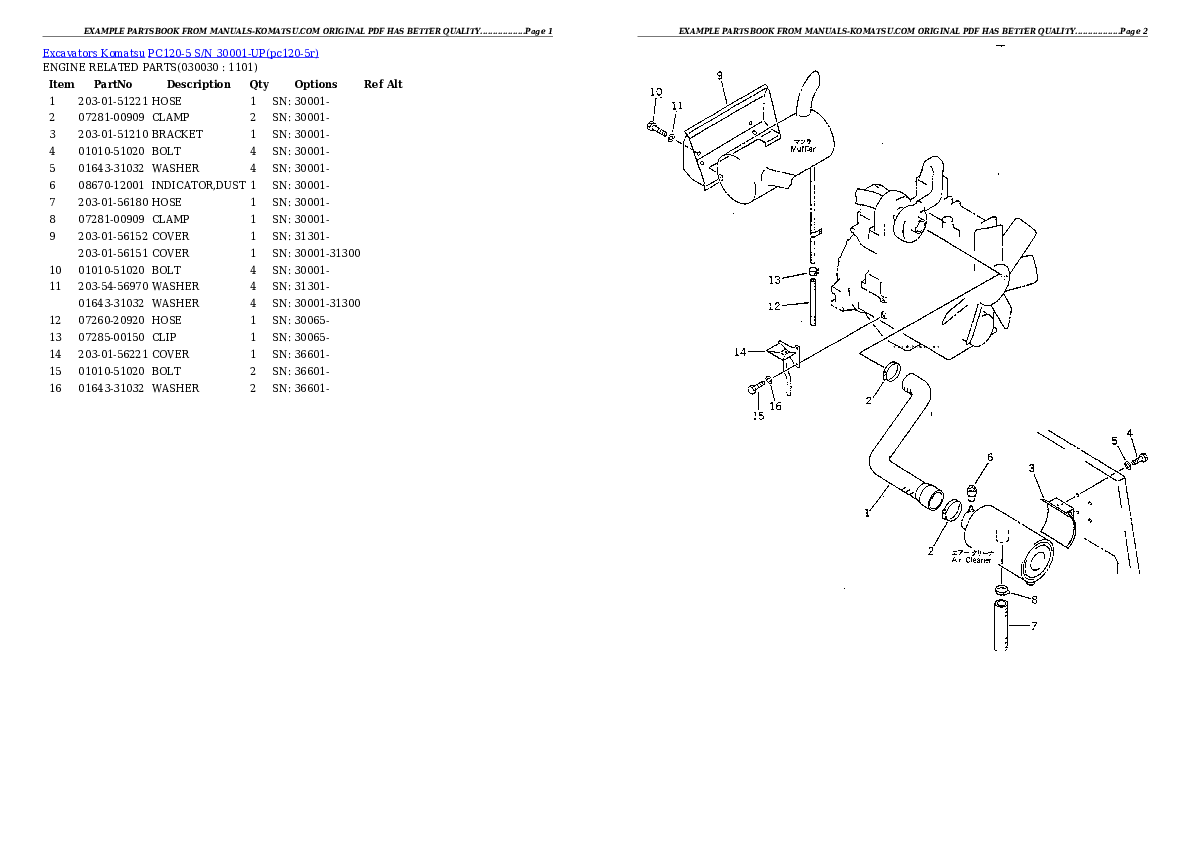 PC120-5 S/N 30001-UP Partsbook