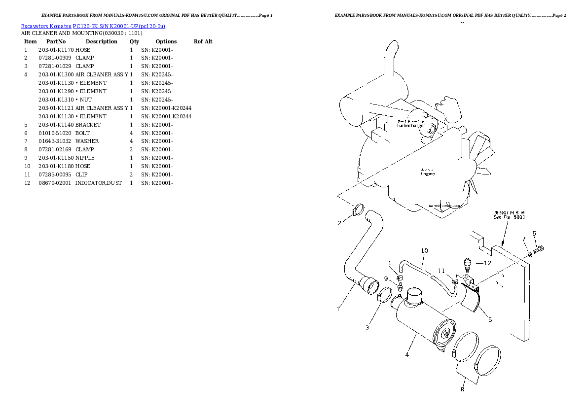 PC120-5K S/N K20001-UP Partsbook