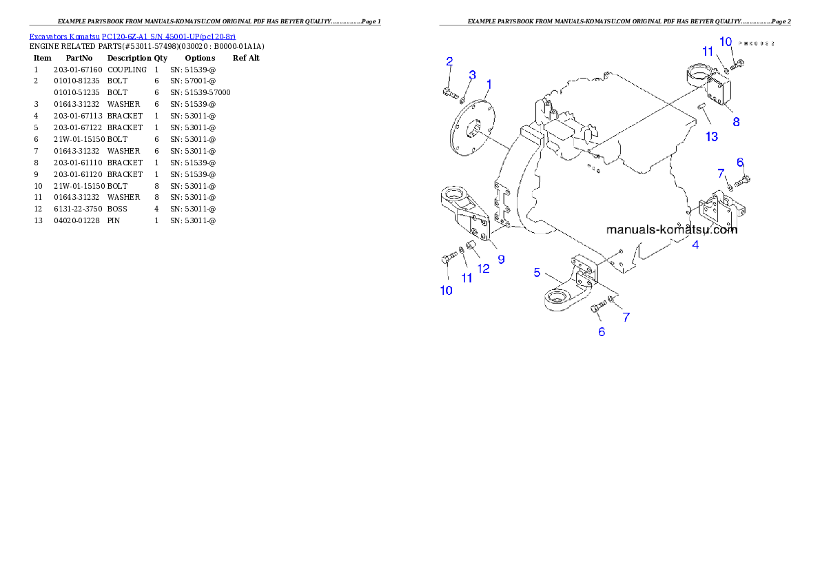 PC120-6Z-A1 S/N 45001-UP Partsbook