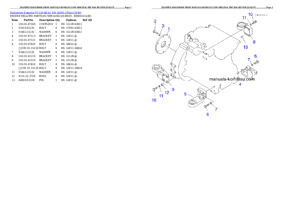 PC120-6Z-A1 S/N 45001-UP Partsbook