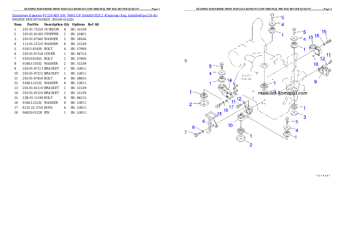PC120-6E0 S/N 70001-UP (SAA4D102E-2 (Emission) Eng. Installed) Partsbook