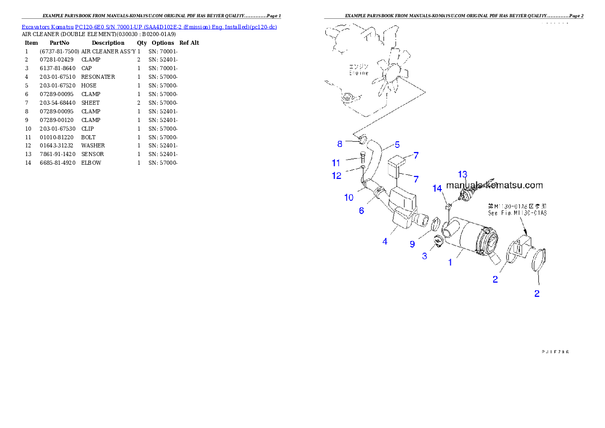 PC120-6E0 S/N 70001-UP (SAA4D102E-2 (Emission) Eng. Installed) Partsbook