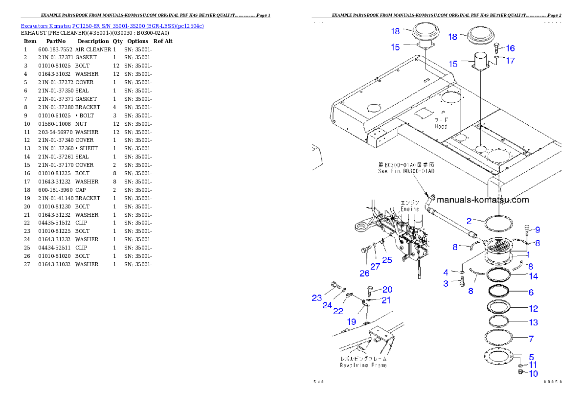 PC1250-8R S/N 35001-35200 (EGR-LESS) Partsbook