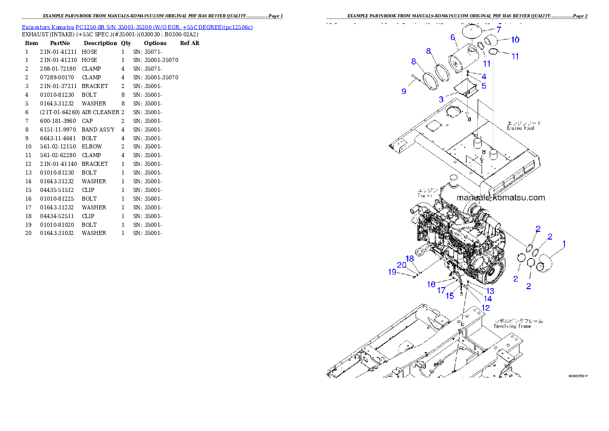 PC1250-8R S/N 35001-35200 (W/O EGR, +55C DEGREE) Partsbook