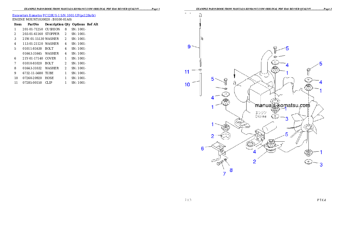 PC128US-1 S/N 1001-UP Partsbook