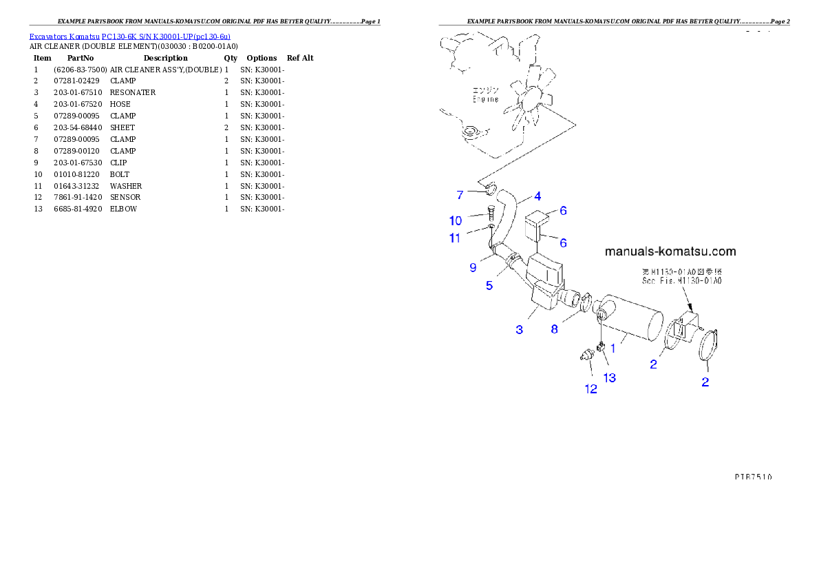 PC130-6K S/N K30001-UP Partsbook