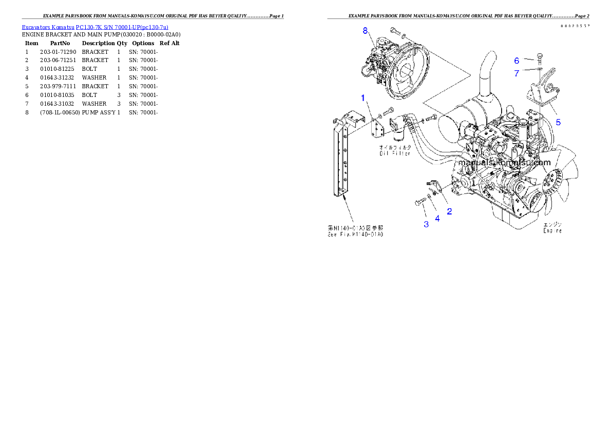 PC130-7K S/N 70001-UP Partsbook