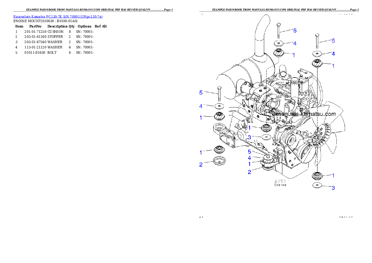 PC130-7K S/N 70001-UP Partsbook