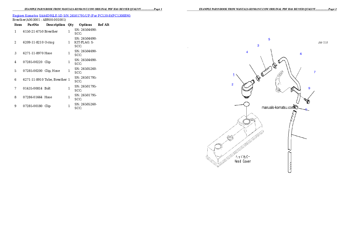 SAA4D95LE-5D S/N 26501795-UP (For PC130-8) Partsbook