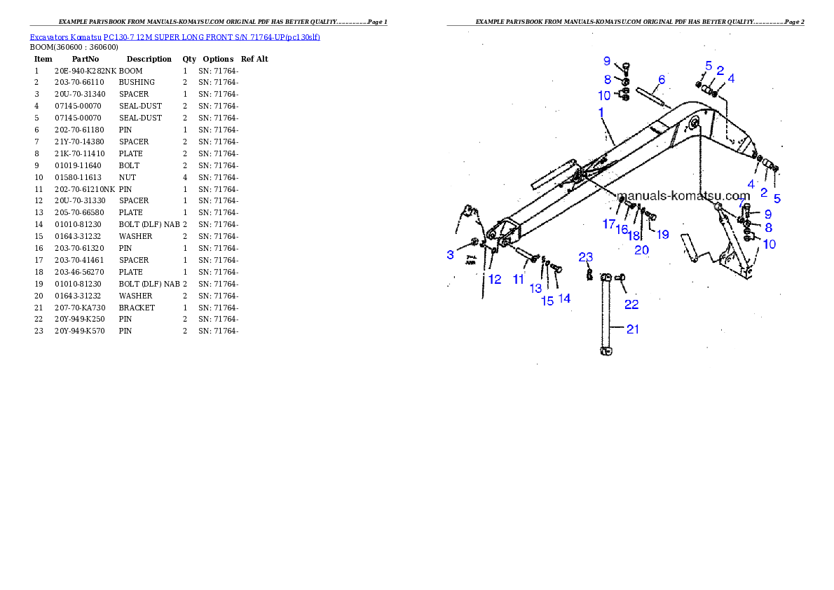 PC130-7 12M SUPER LONG FRONT S/N 71764-UP Partsbook