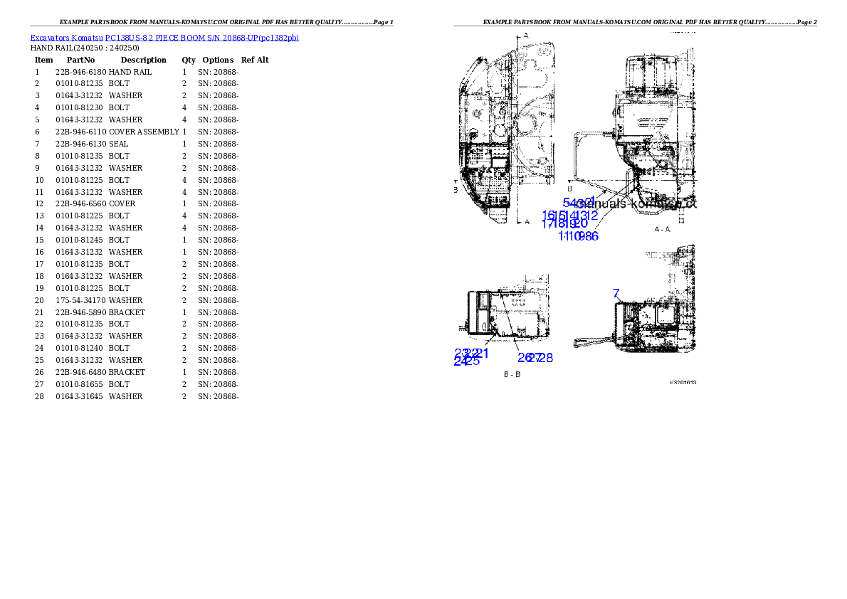 PC138US-8 2 PIECE BOOM S/N 20868-UP Partsbook