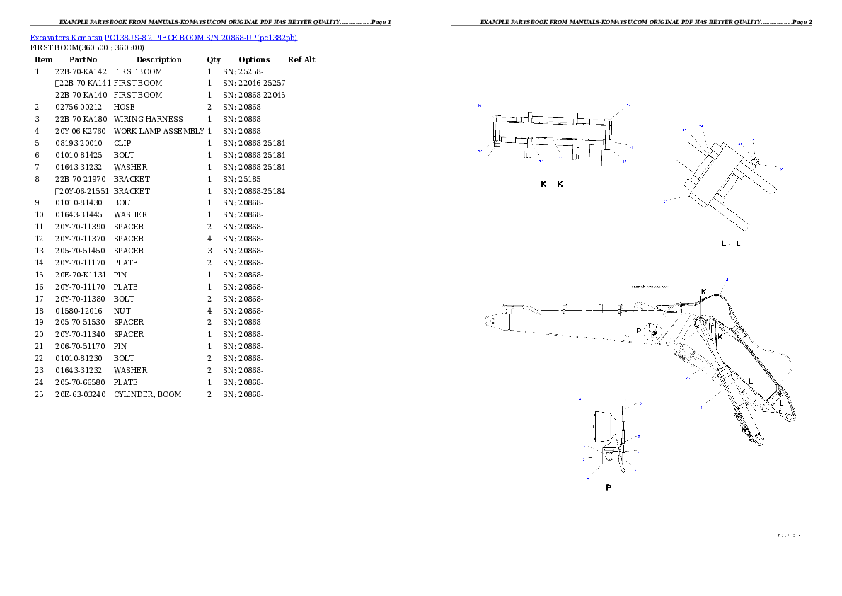 PC138US-8 2 PIECE BOOM S/N 20868-UP Partsbook