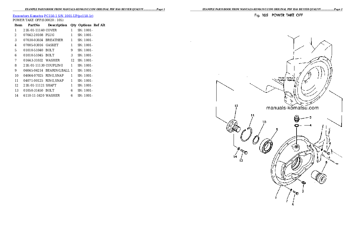 PC150-1 S/N 1001-UP Partsbook