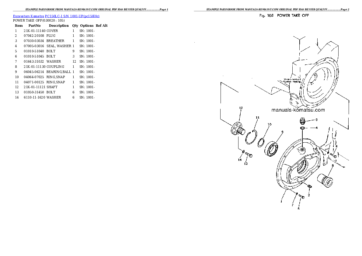 PC150LC-1 S/N 1001-UP Partsbook