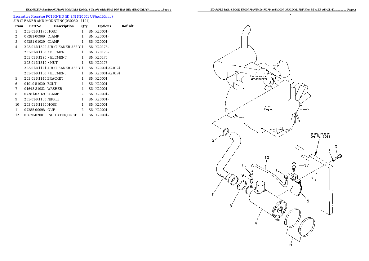 PC150NHD-5K S/N K20001-UP Partsbook