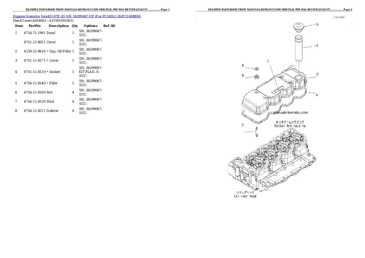 SAA4D107E-1D S/N 36399067-UP (For PC160LC-8) Partsbook