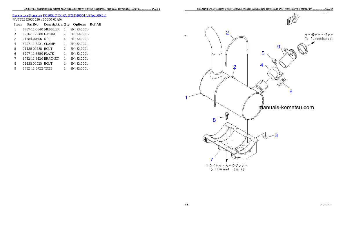 PC160LC-7K-KA S/N K40001-UP Partsbook