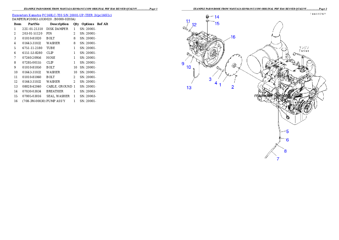 PC160LC-7E0 S/N 20001-UP (TIER 3) Partsbook